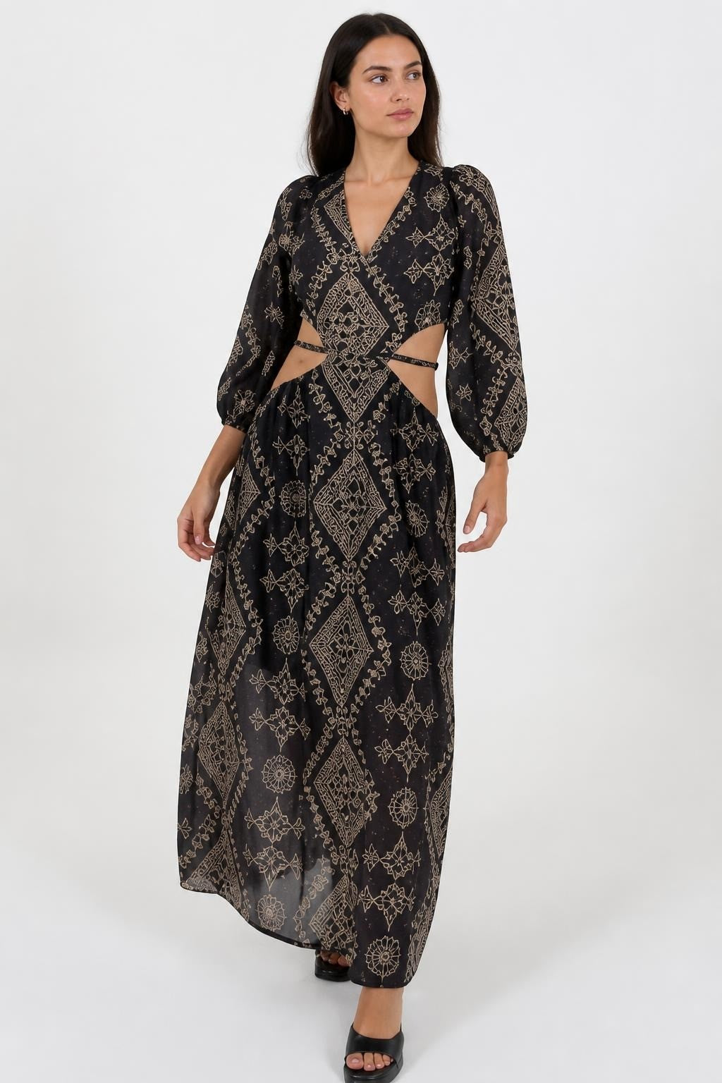 Black geometric print cut-out maxi dress | New | Why Go Less-1