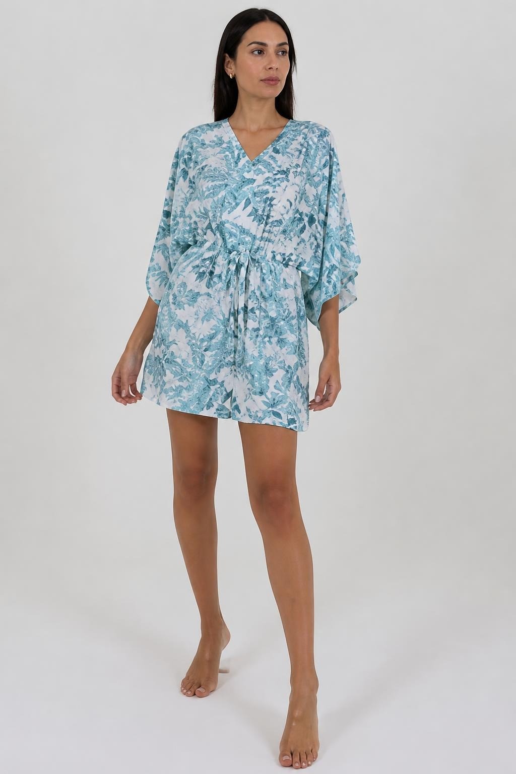 Tropical leaf print kaftan mini dress, blue/white | New | Why Go Less