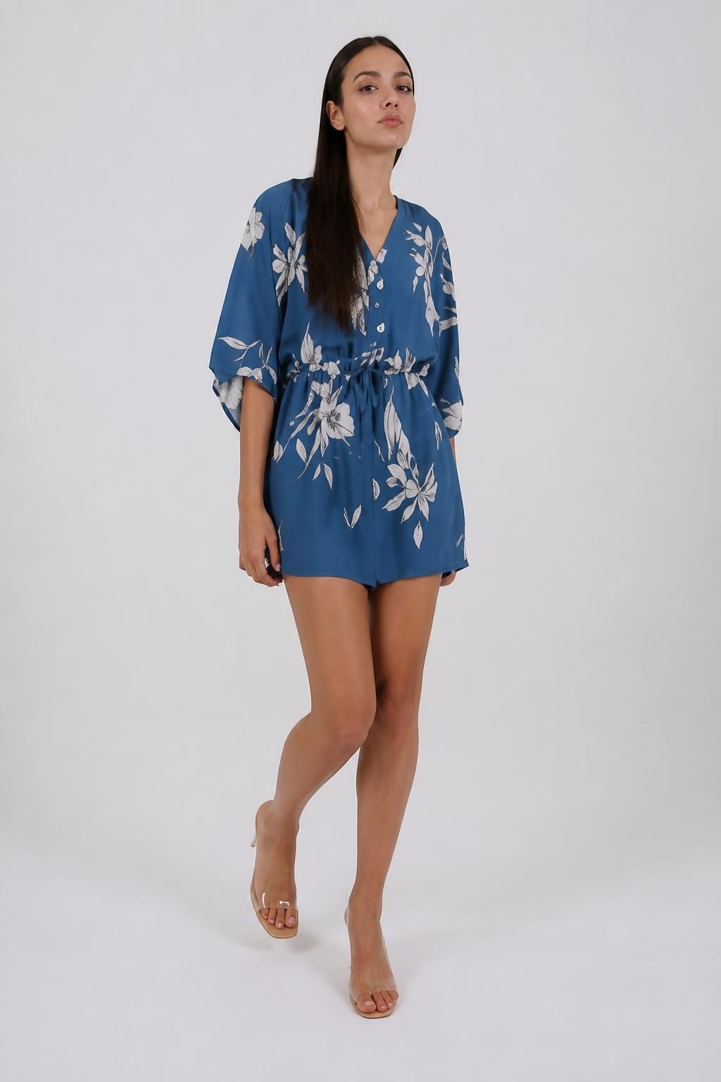 Teal Blue Floral Kimono Sleeve Romper | New | Why Go Less