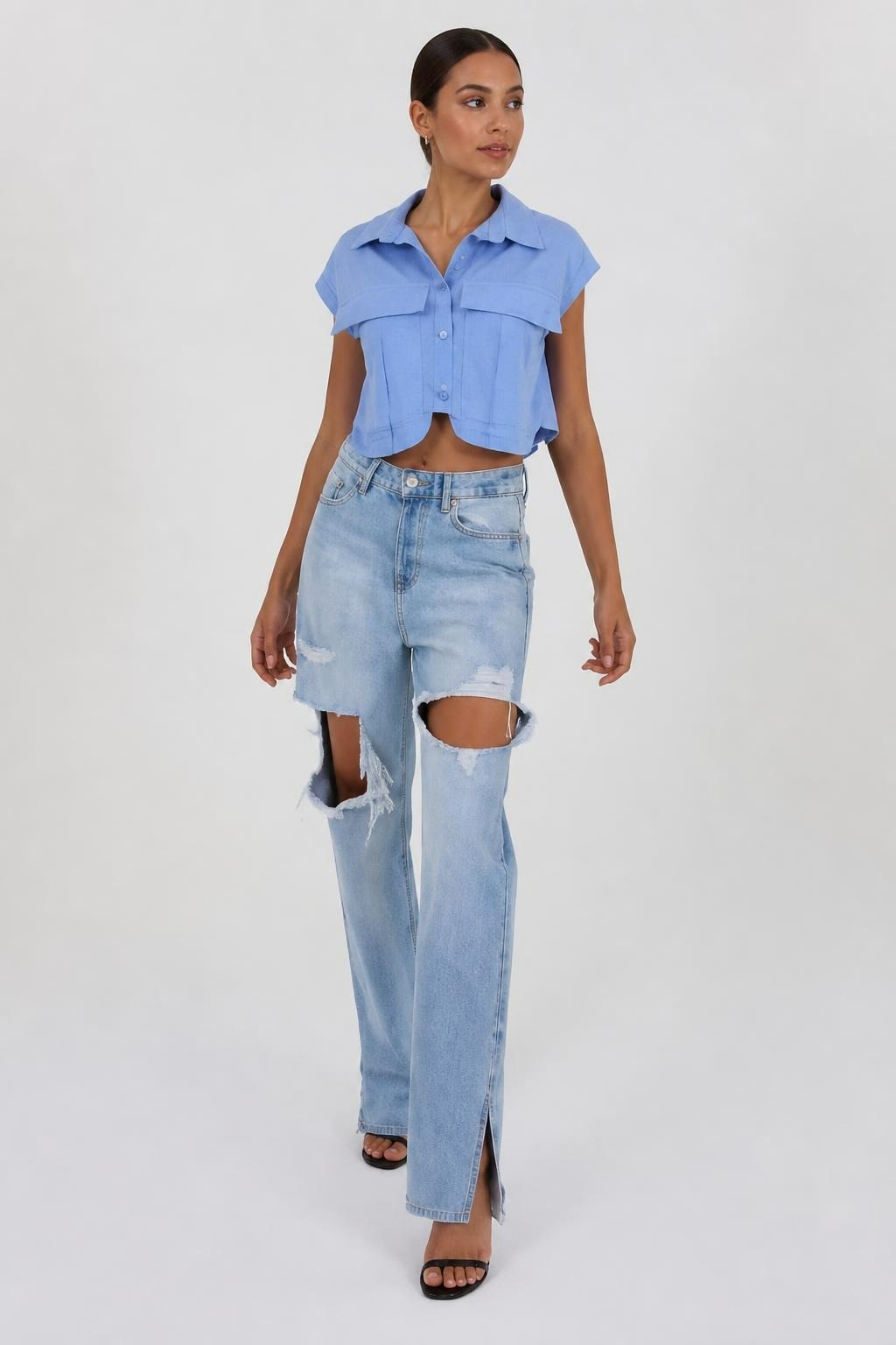Cropped sleeveless button shirt, blue, with ripped jeans | New | Why Go Less-1
