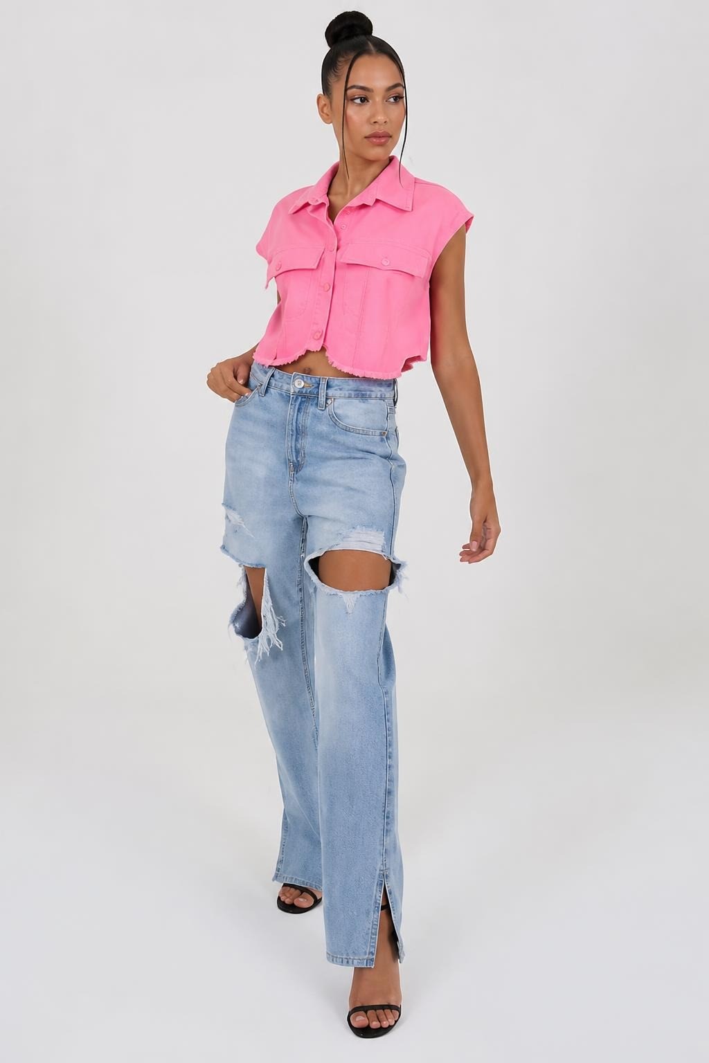Cropped sleeveless button shirt, neon pink | New | Why Go Less