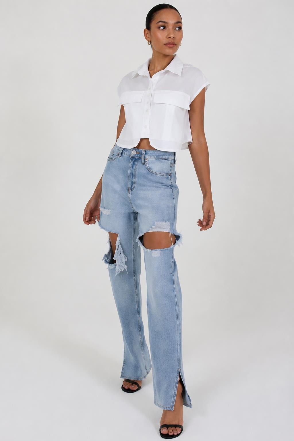 Cropped sleeveless button shirt, white | New | Why Go Less