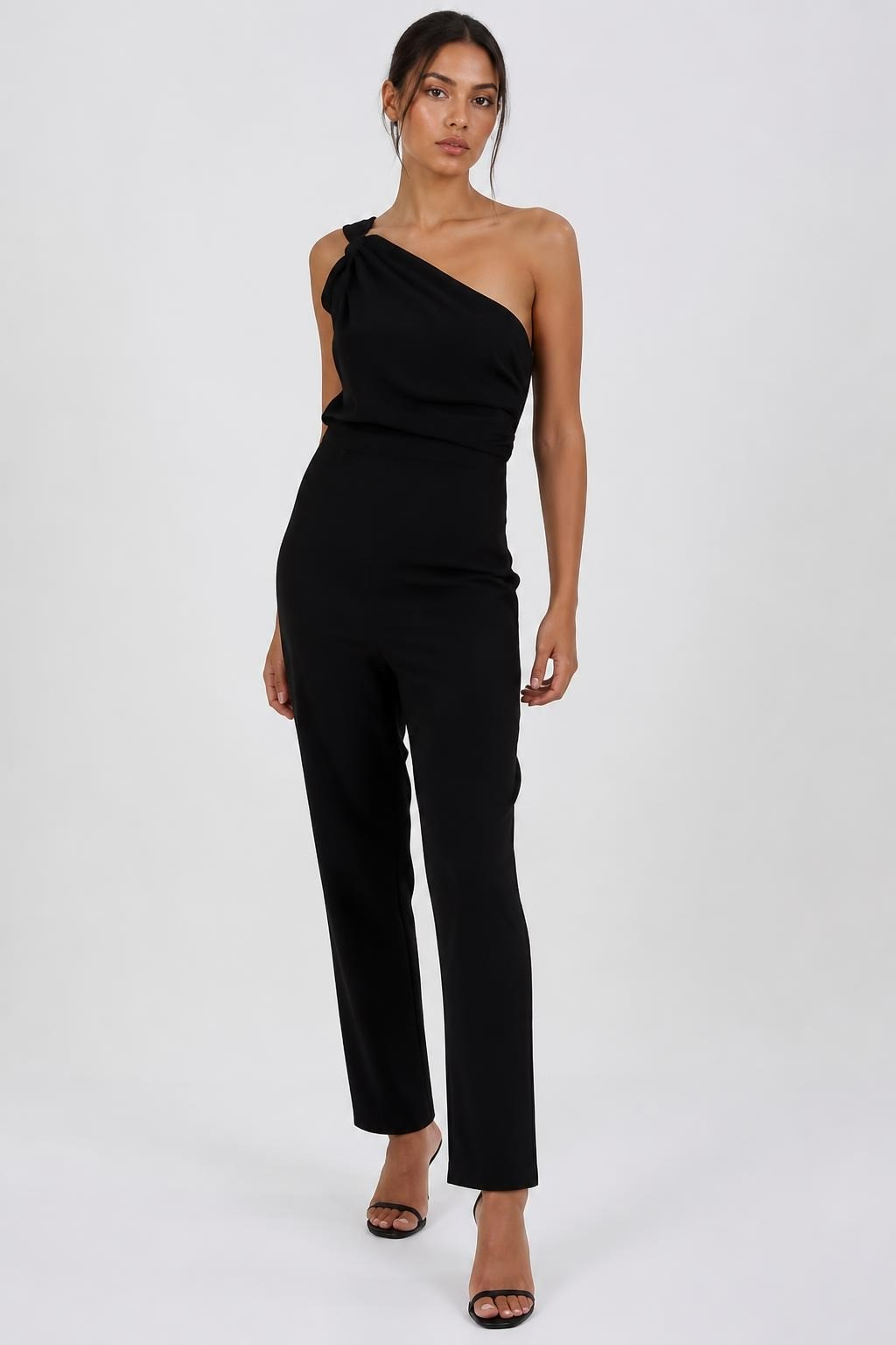 Black one-shoulder buckle jumpsuit, sleek fit | New | Why Go Less