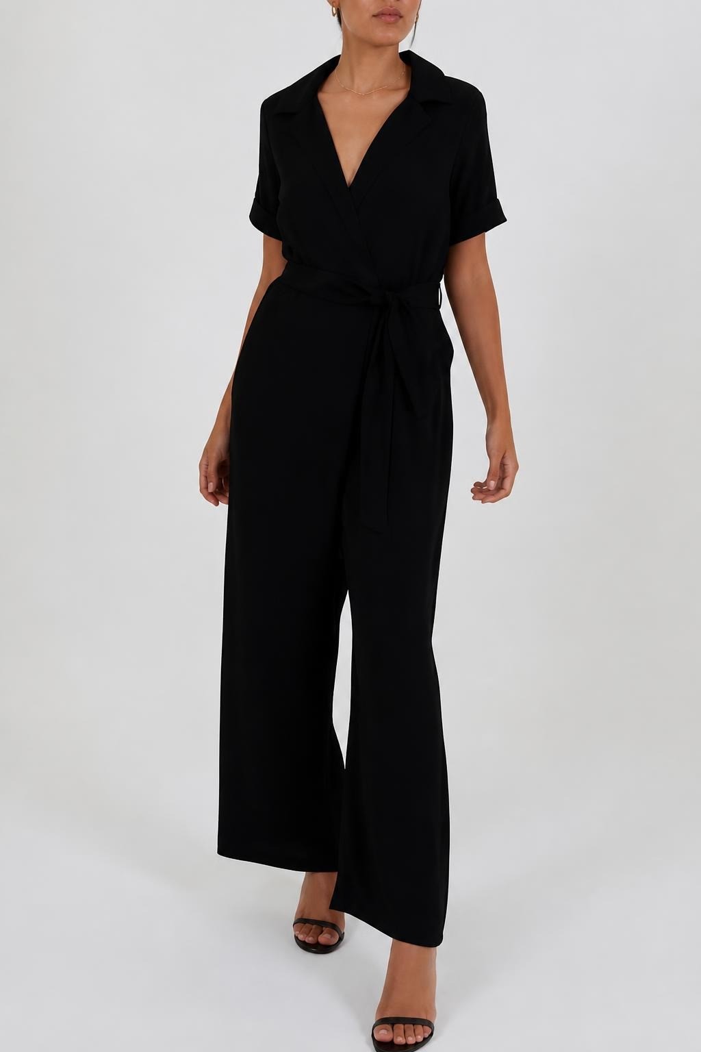 Black blazer-collar belted wide-leg jumpsuit | New | Why Go Less-1