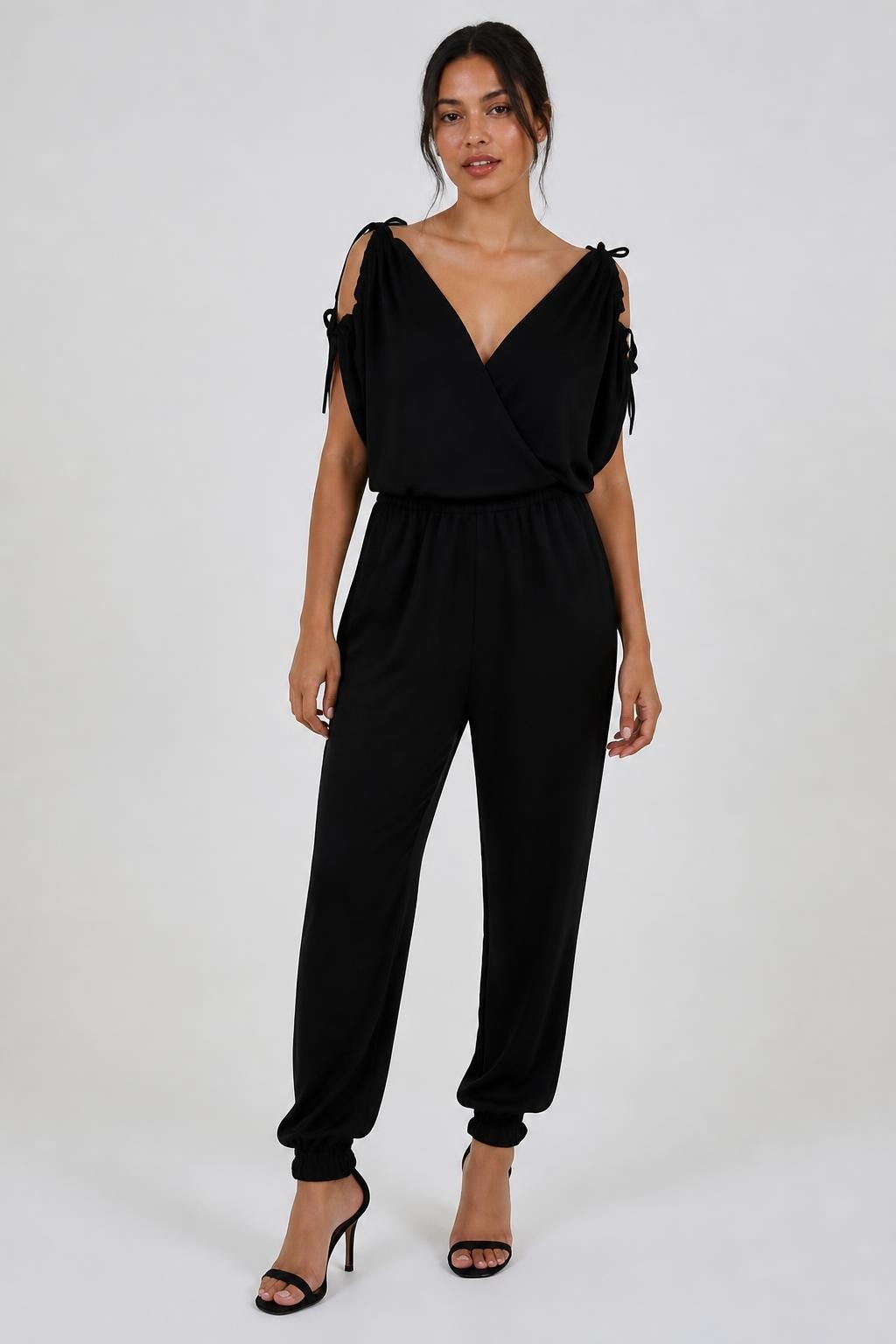 Black wrap V-neck ruched tie-side jumpsuit | New | Why Go Less