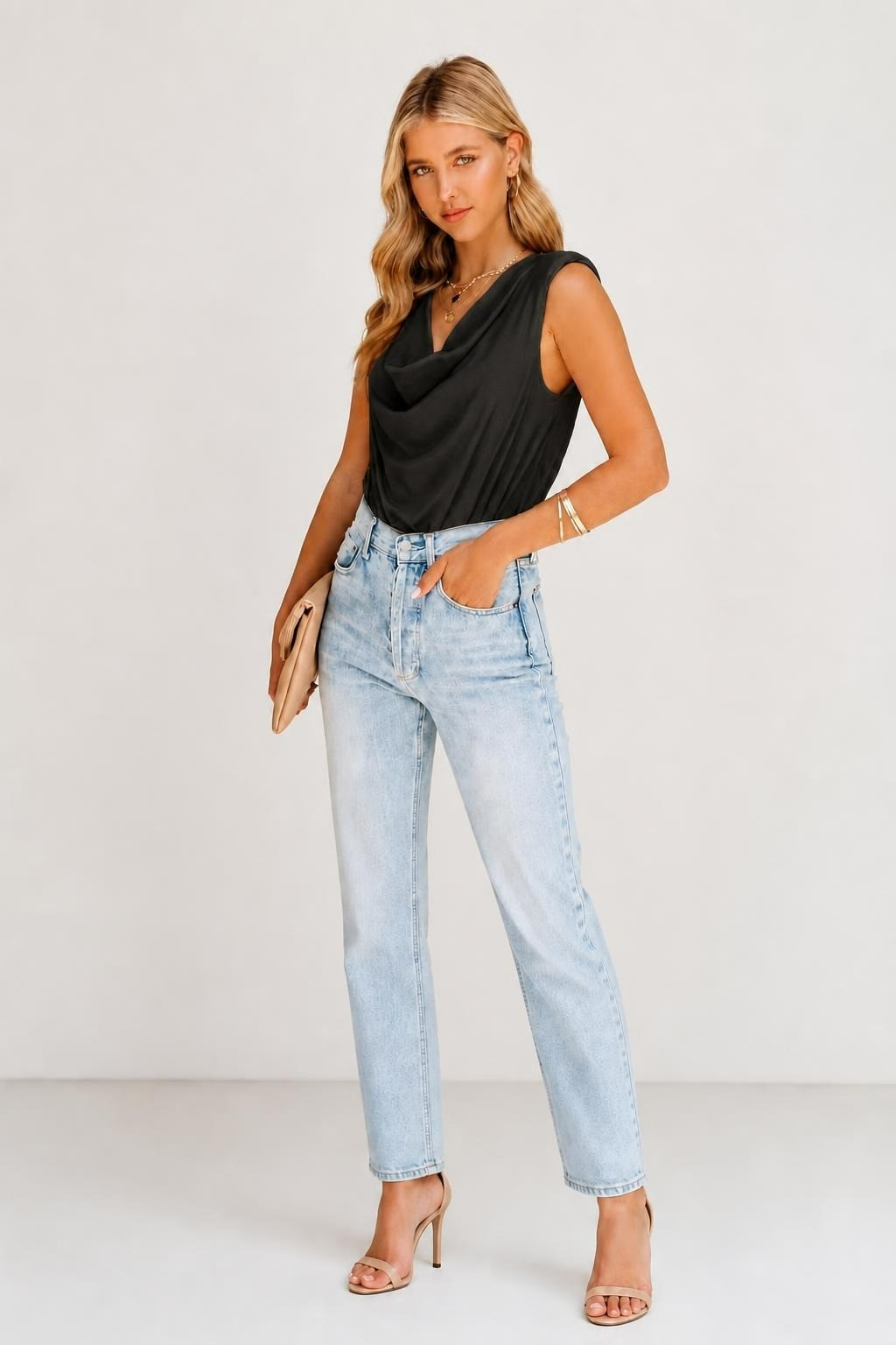 Black cowl neck sleeveless top, women's | New | Why Go Less-1