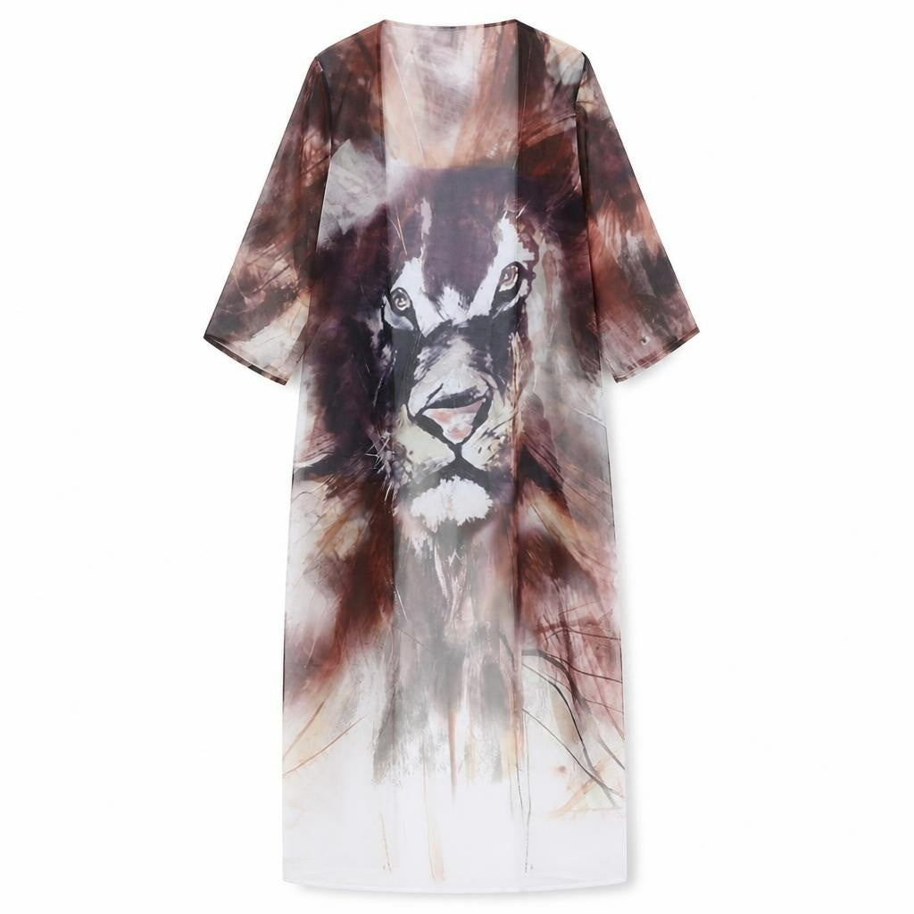 Sheer lion-print longline kimono coverup