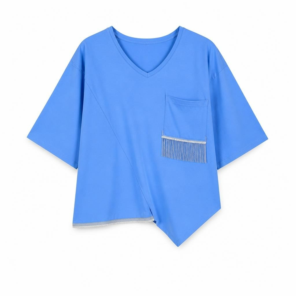 Blue oversized V-neck tee with fringed chest pocket
