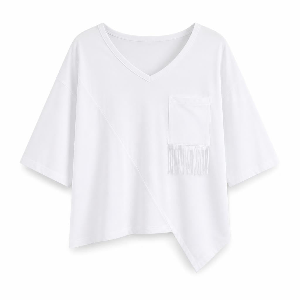 White oversized V-neck tee with fringed chest pocket