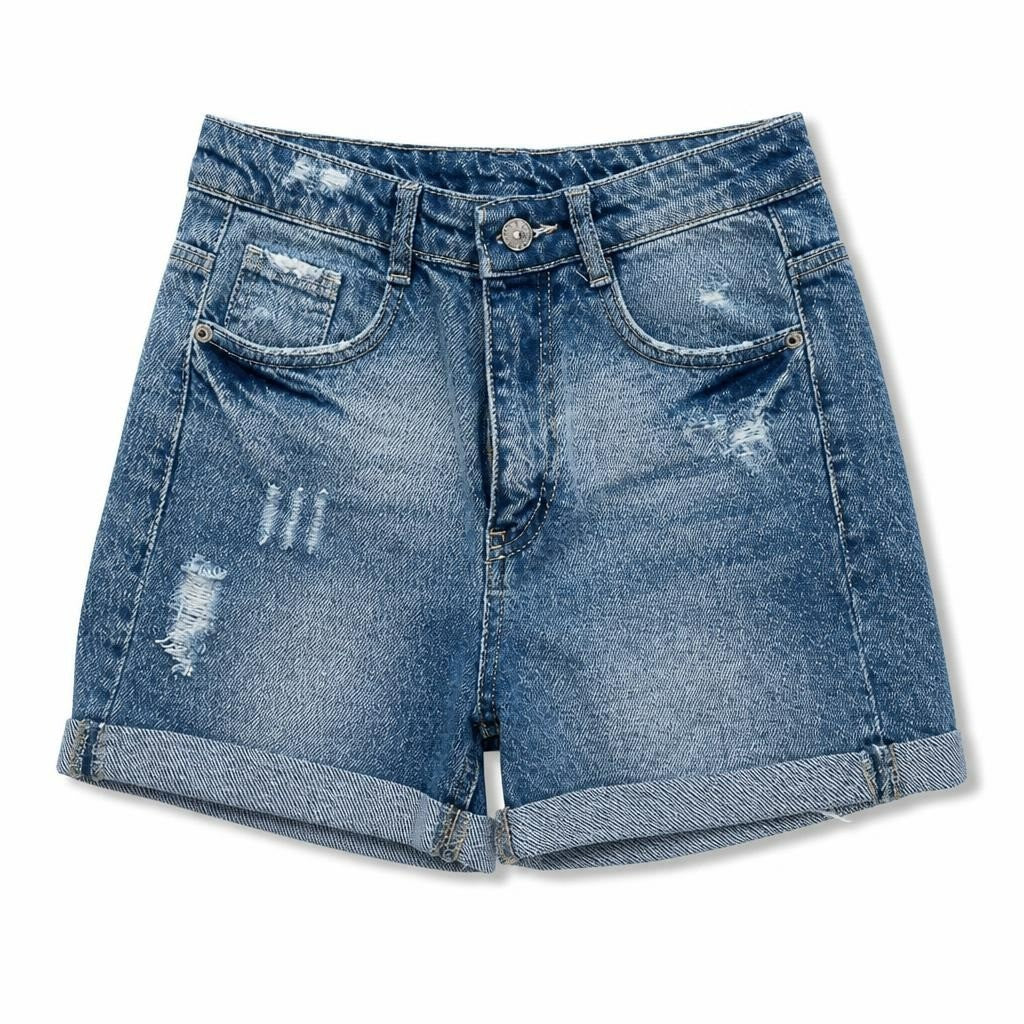 Blue distressed denim rolled cuff shorts, new w/tag | New | Why Go Less-2