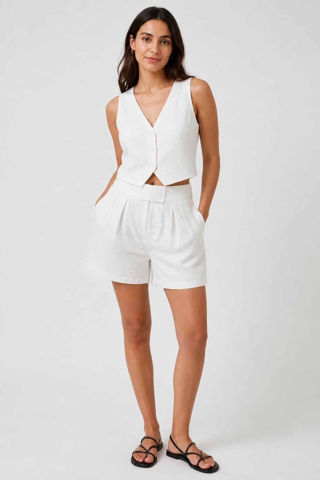 White linen-blend high-waist pleated wide shorts | New | Why Go Less