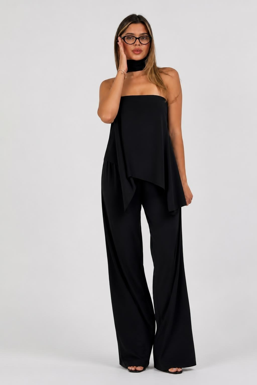 Black Strapless Wide-leg Jumpsuit With Choker Detail | New | Why Go Less