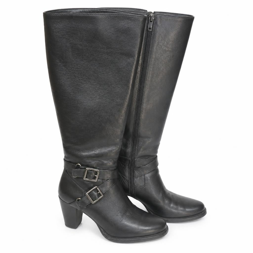 Bottes hautes en cuir noir à talons, double boucle | D'occasion | Pourquoi se contenter de moins