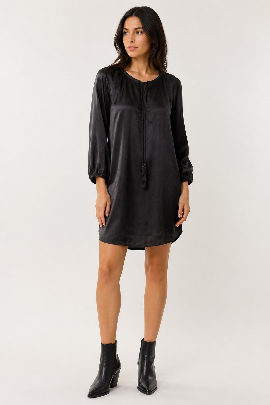 Black satin boho tunic dress with tassel tie | Pre-Loved | Why Go Less