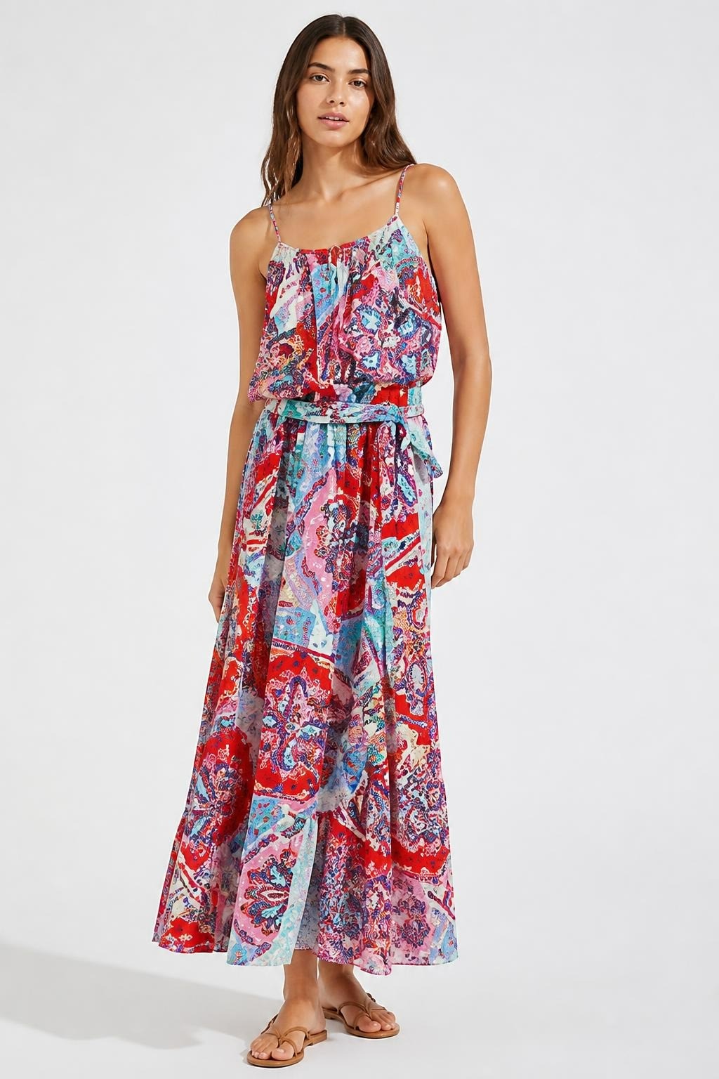 Colorful printed ruffled maxi dress with belt | Pre-Loved | Why Go Less