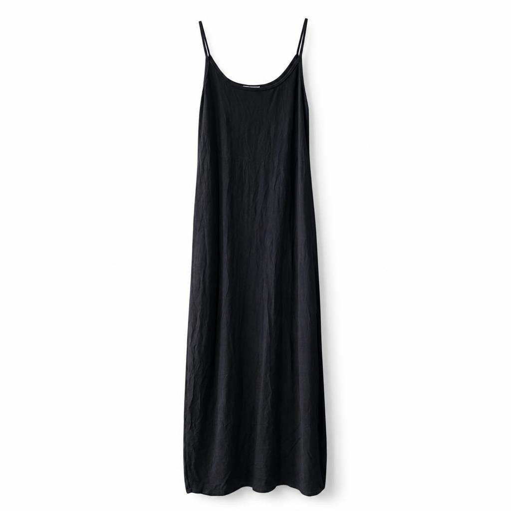 Black minimalist spaghetti strap maxi dress | Pre-Loved | Why Go Less