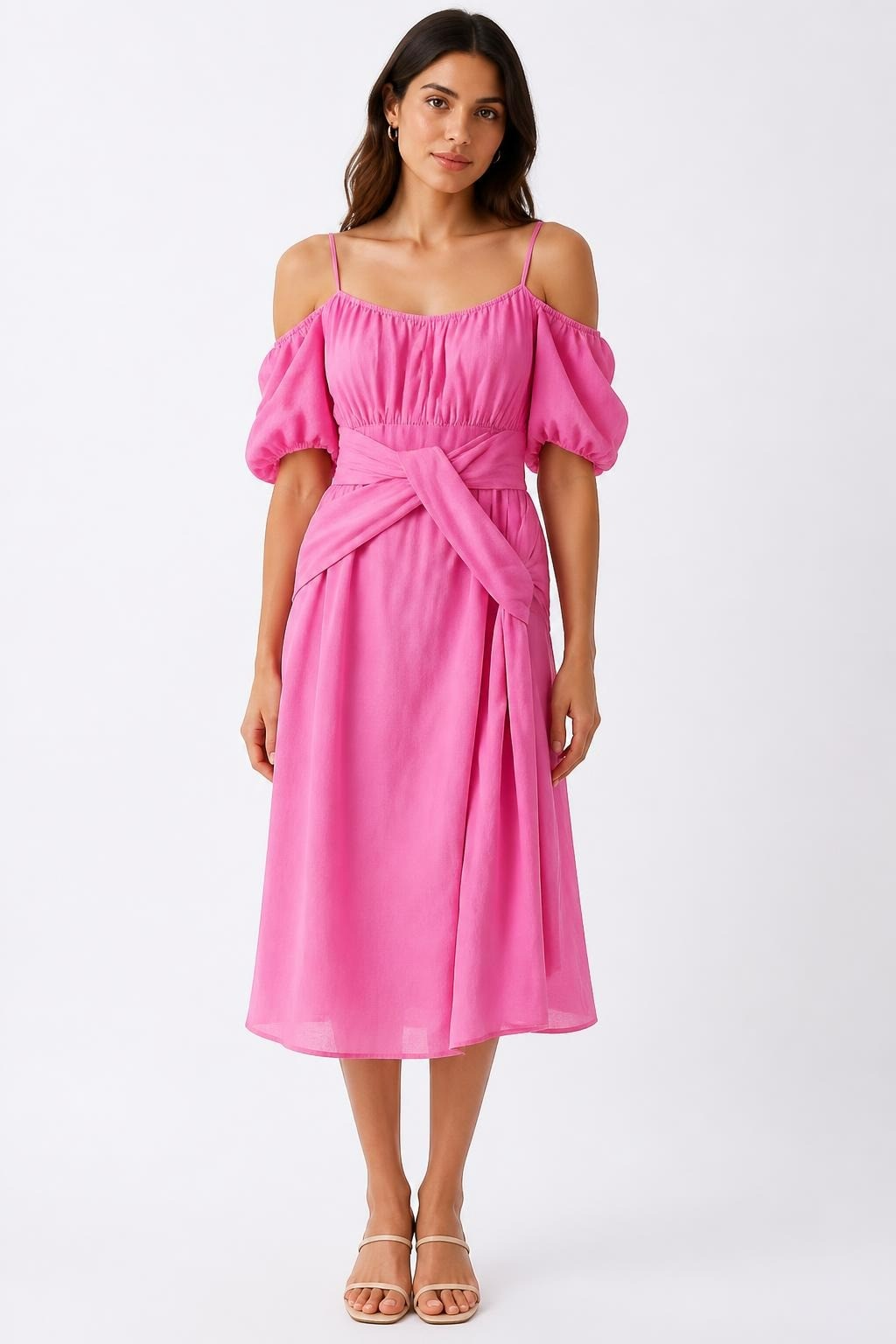 Hot pink cold-shoulder midi dress with tie | Pre-Loved | Why Go Less
