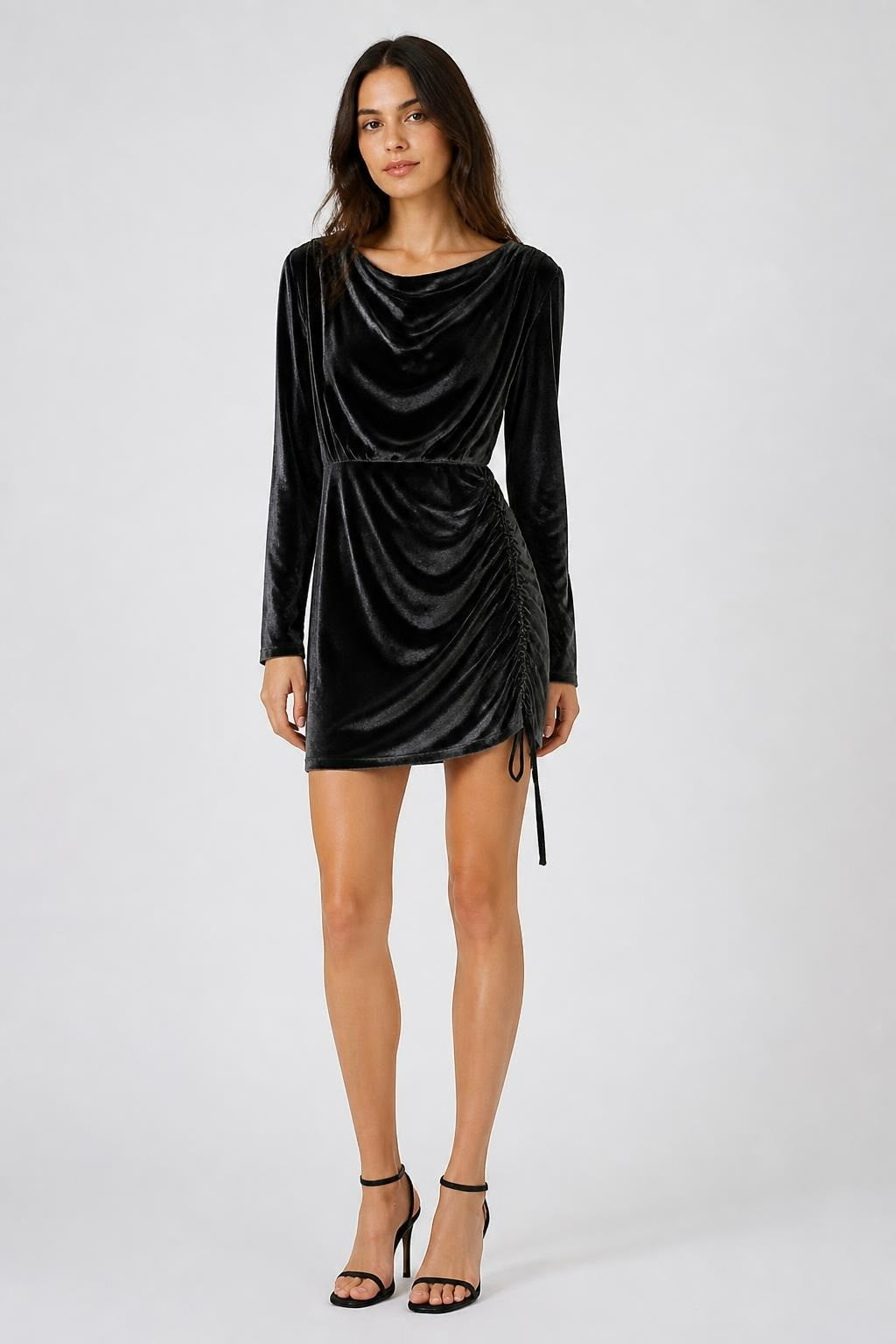 Black velvet long-sleeve mini ruched dress | Pre-Loved | Why Go Less
