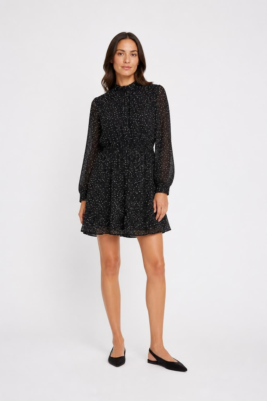 Black white polka dot long sleeve mini dress | Pre-Loved | Why Go Less