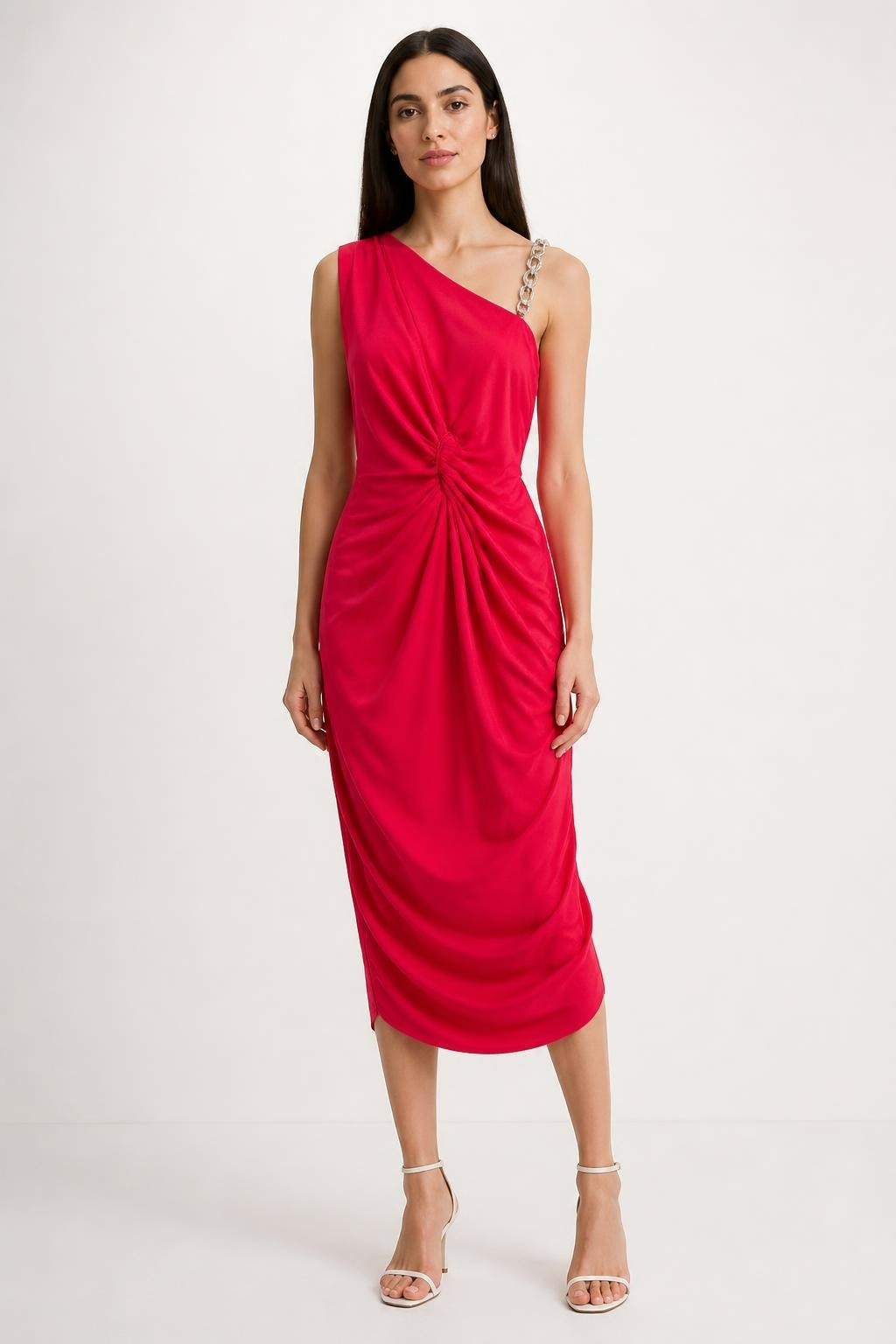 Red one-shoulder ruched mini dress with jewel strap | Pre-Loved | Why Go Less