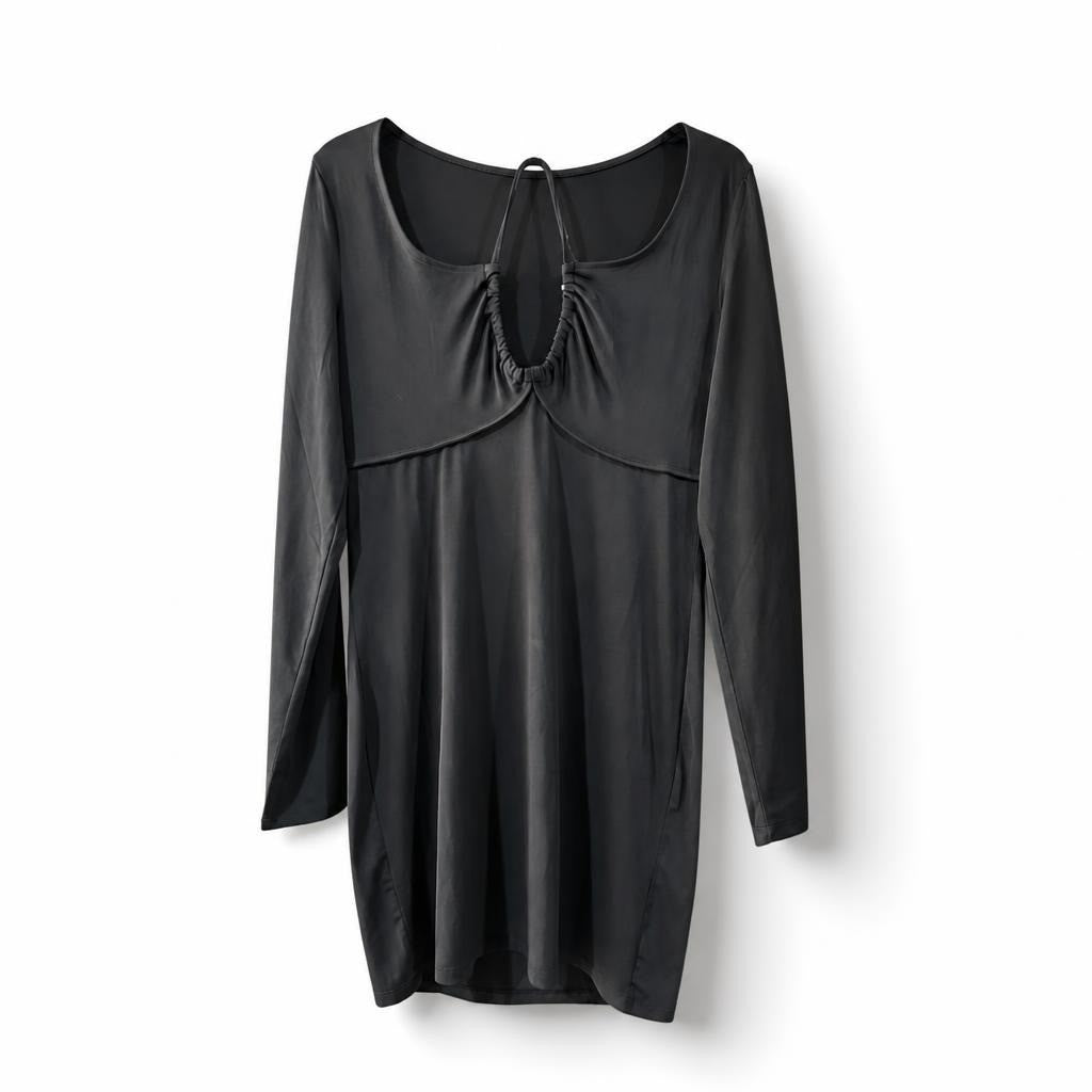Dark grey long sleeve ruched-front mini dress | Pre-Loved | Why Go Less