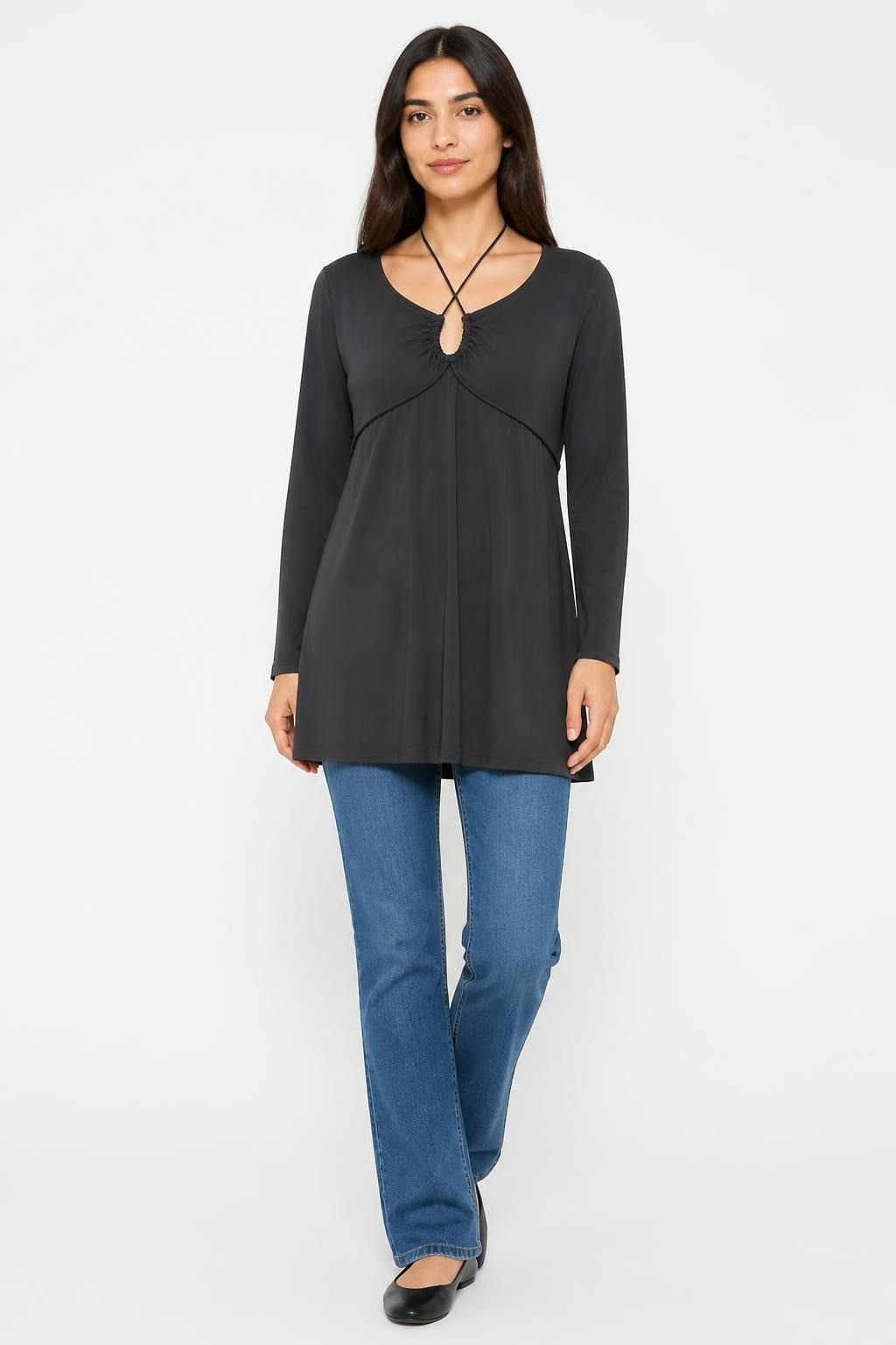 Dark grey long sleeve ruched-front mini dress | Pre-Loved | Why Go Less