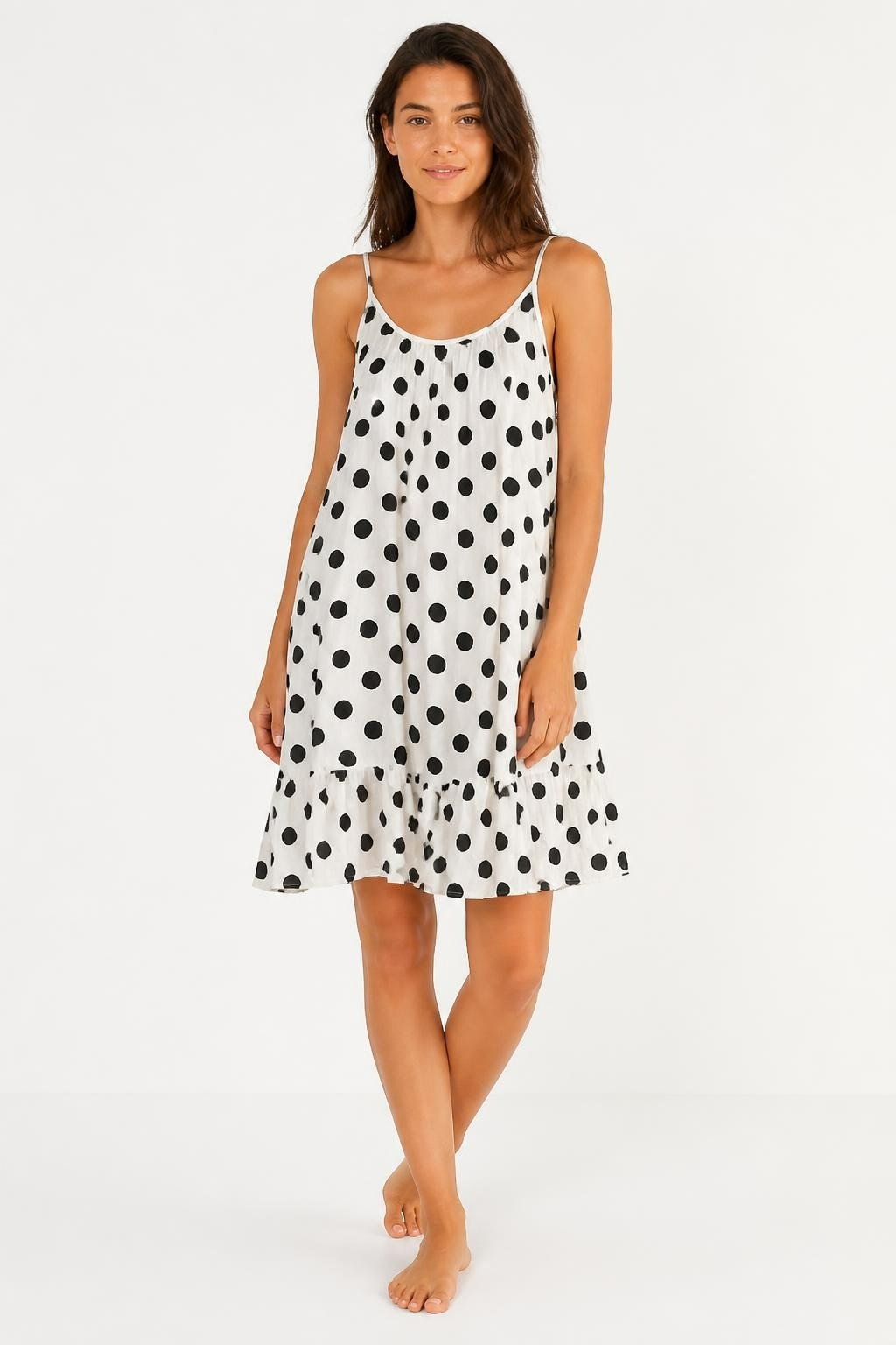 White black polka dot spaghetti strap mini dress | Pre-Loved | Why Go Less