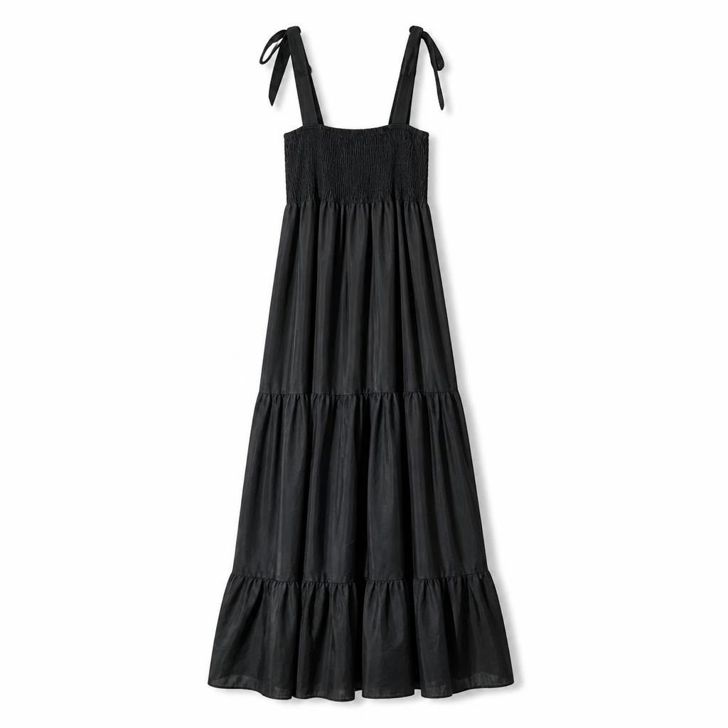 Black tiered maxi sundress smocked bodice | Pre-Loved | Why Go Less