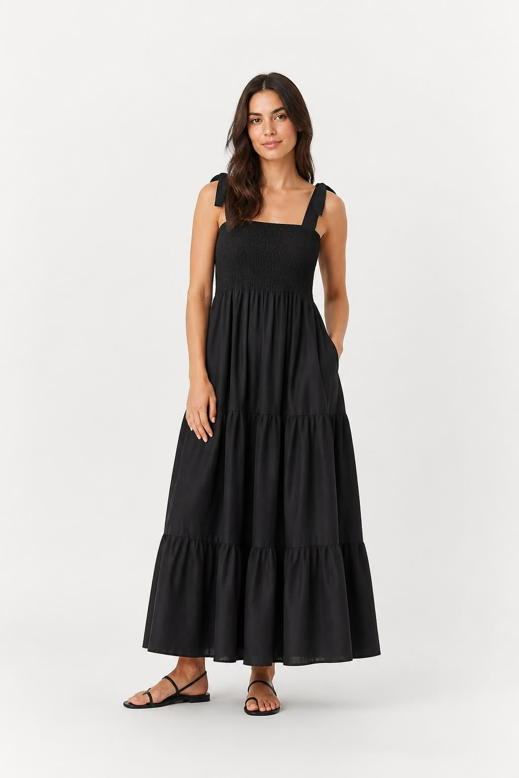 Black tiered maxi sundress smocked bodice | Pre-Loved | Why Go Less