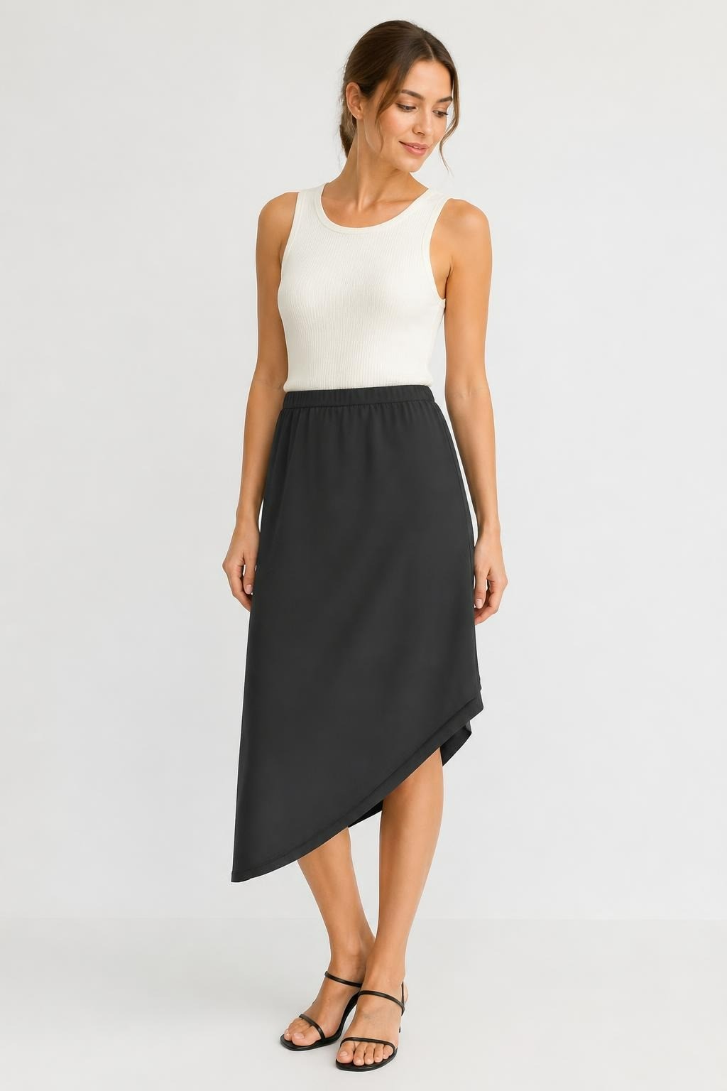 Black asymmetric midi skirt elastic waist | Pre-Loved | Why Go Less