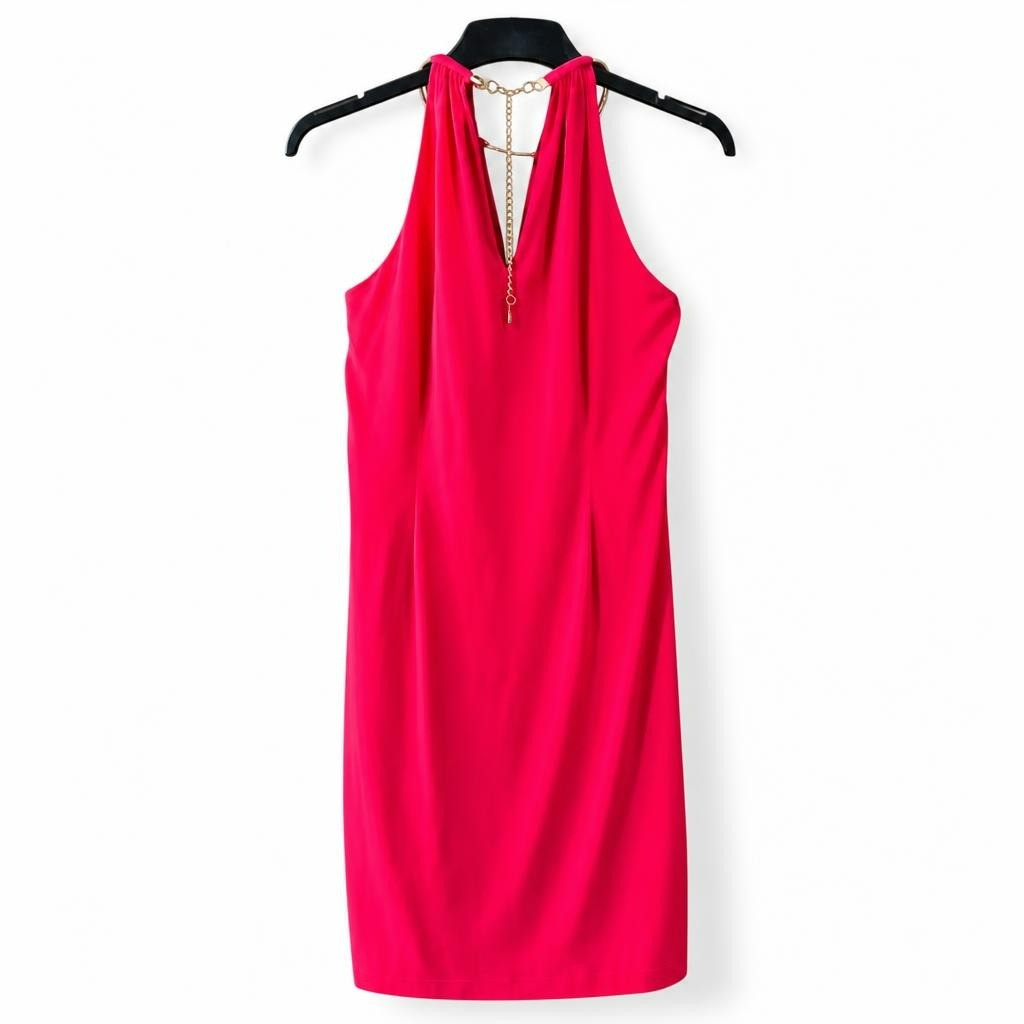 Hot pink mini dress gold chain halter | Pre-Loved | Why Go Less