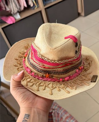 Boho Straw Cowboy Hat Pink Beaded Fringe | Pre-Loved | Why Go Less