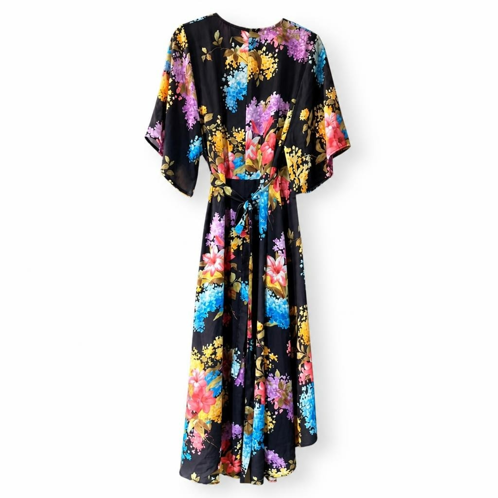 Black floral midi dress, tie waist, flutter sleeves | Pre-Loved | Why Go Less