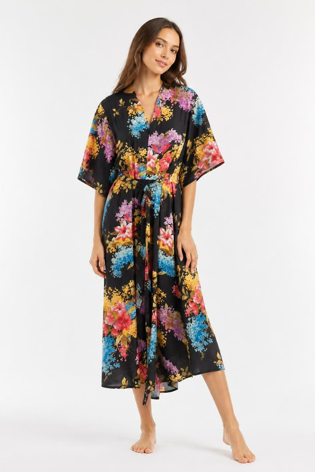 Black floral midi dress, tie waist, flutter sleeves | Pre-Loved | Why Go Less