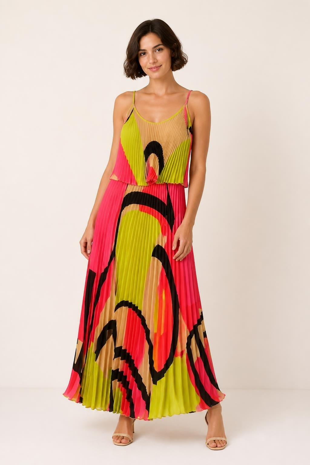 Neon multicolor pleated maxi dress, spaghetti strap | Pre-Loved | Why Go Less-1