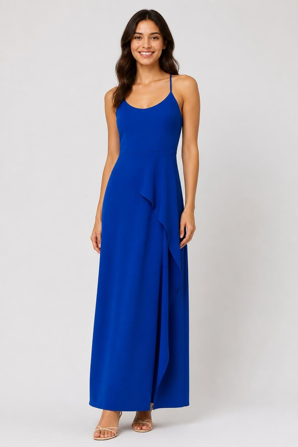 Royal blue spaghetti strap ruffle midi dress | Pre-Loved | Why Go Less