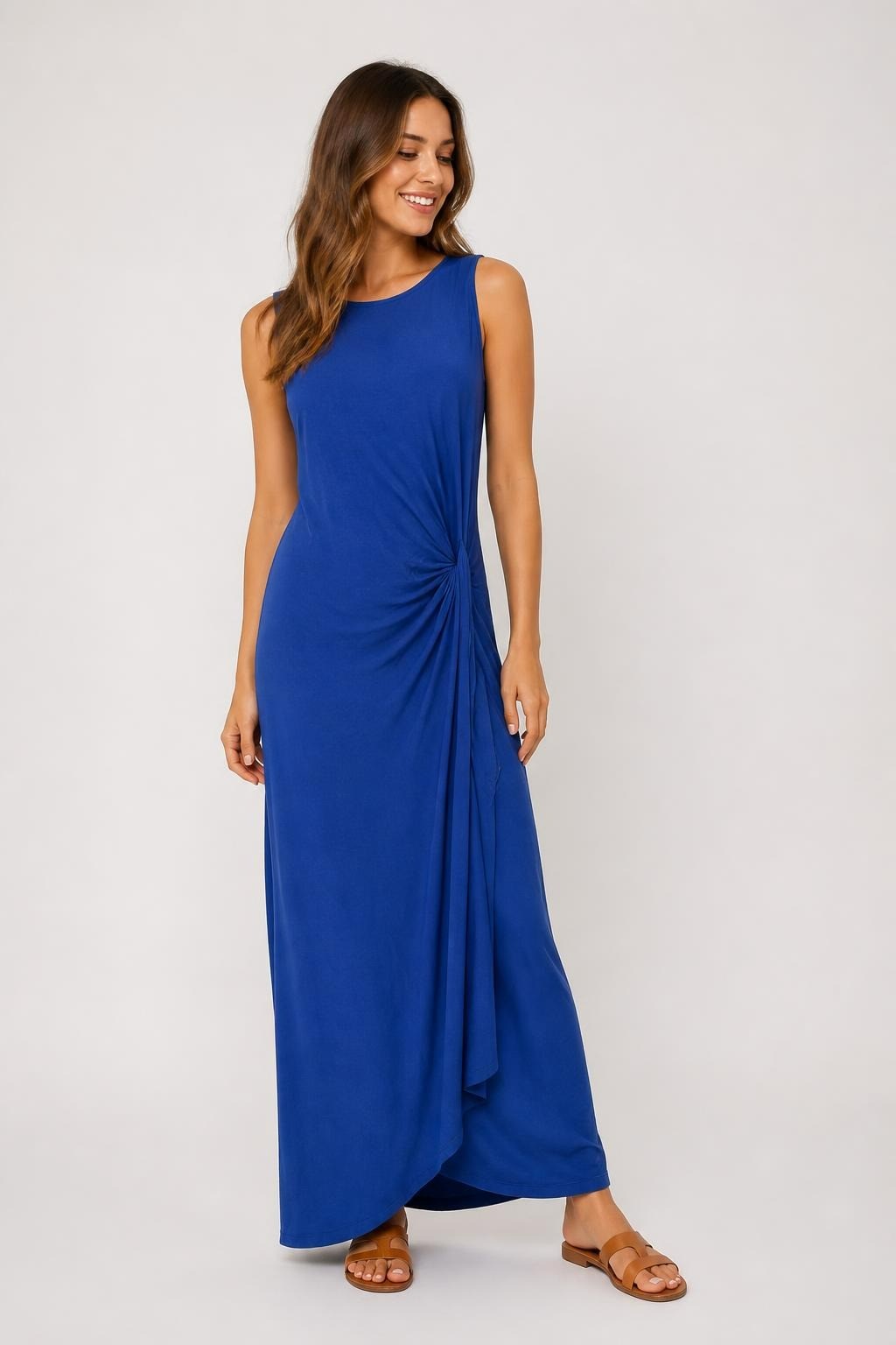 Royal blue sleeveless ruched knot maxi dress | Pre-Loved | Why Go Less