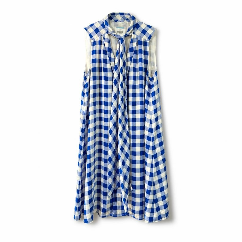 Blue white gingham sleeveless tie-neck mini dress | Pre-Loved | Why Go Less