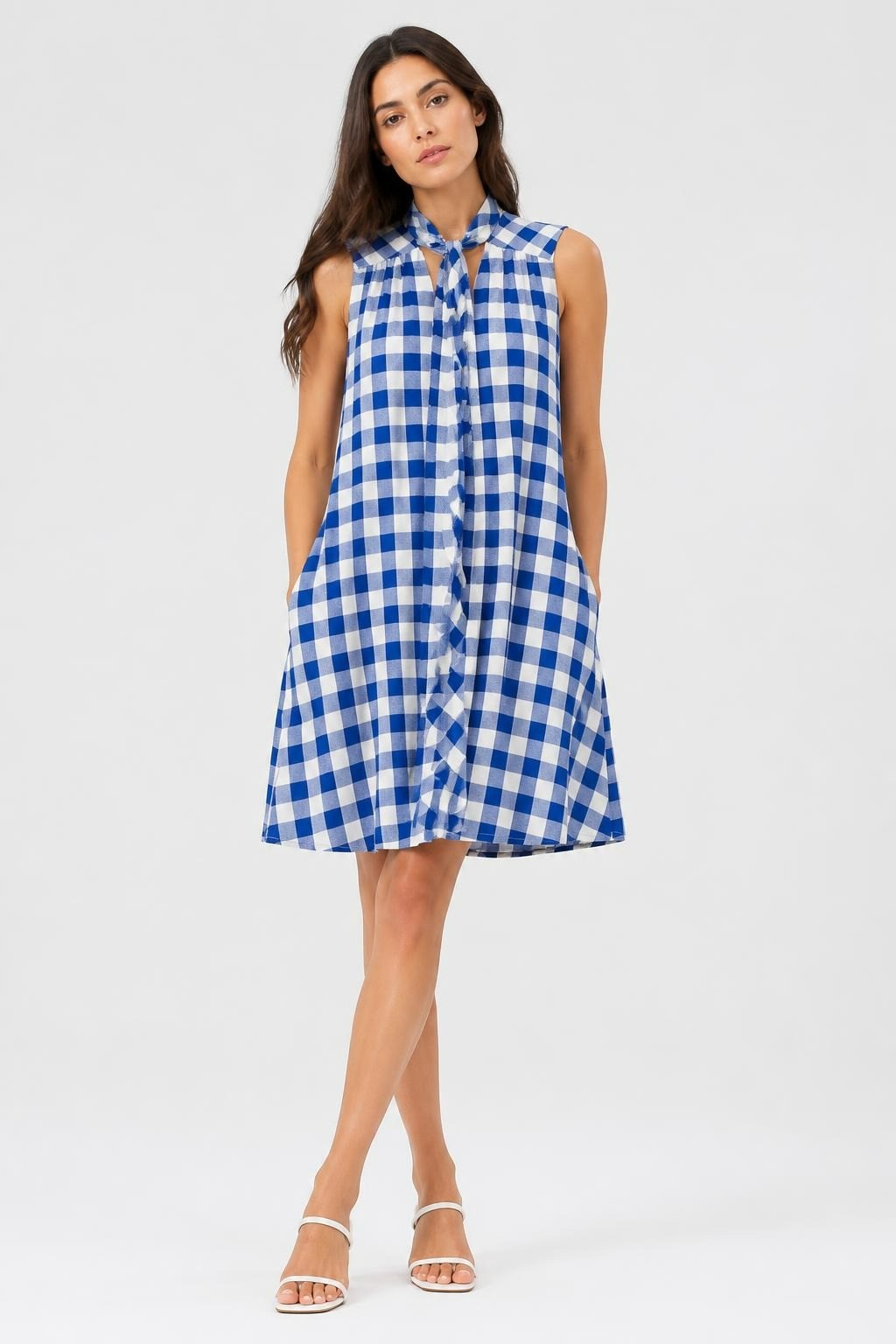 Blue white gingham sleeveless tie-neck mini dress | Pre-Loved | Why Go Less