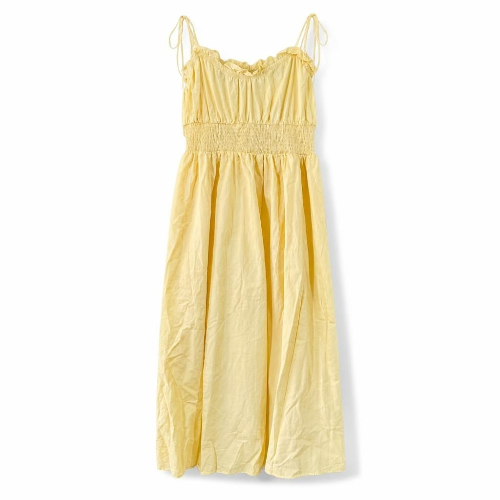 Yellow spaghetti strap smocked waist midi dress | Pre-Loved | Why Go Less