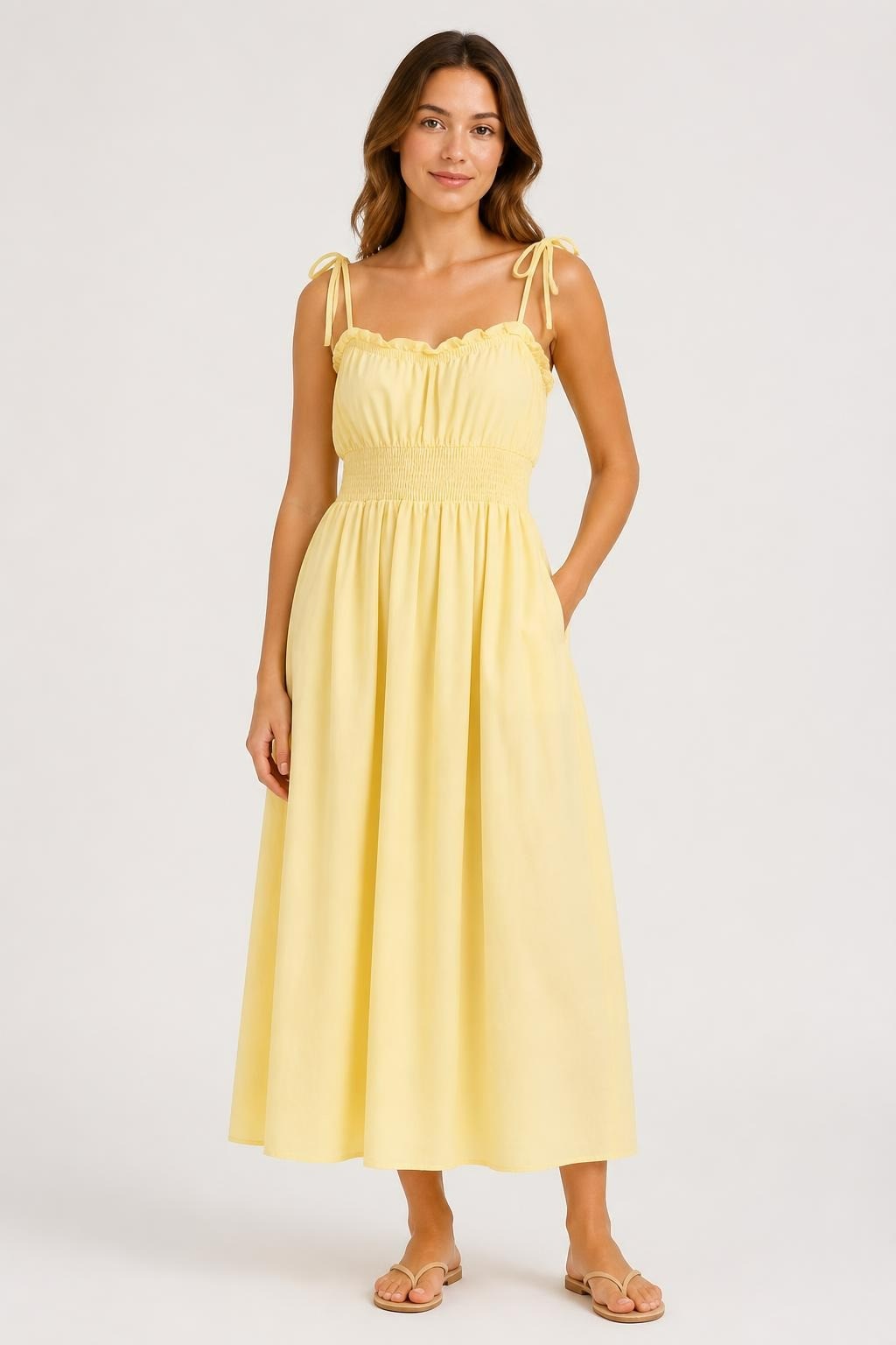 Yellow spaghetti strap smocked waist midi dress | Pre-Loved | Why Go Less