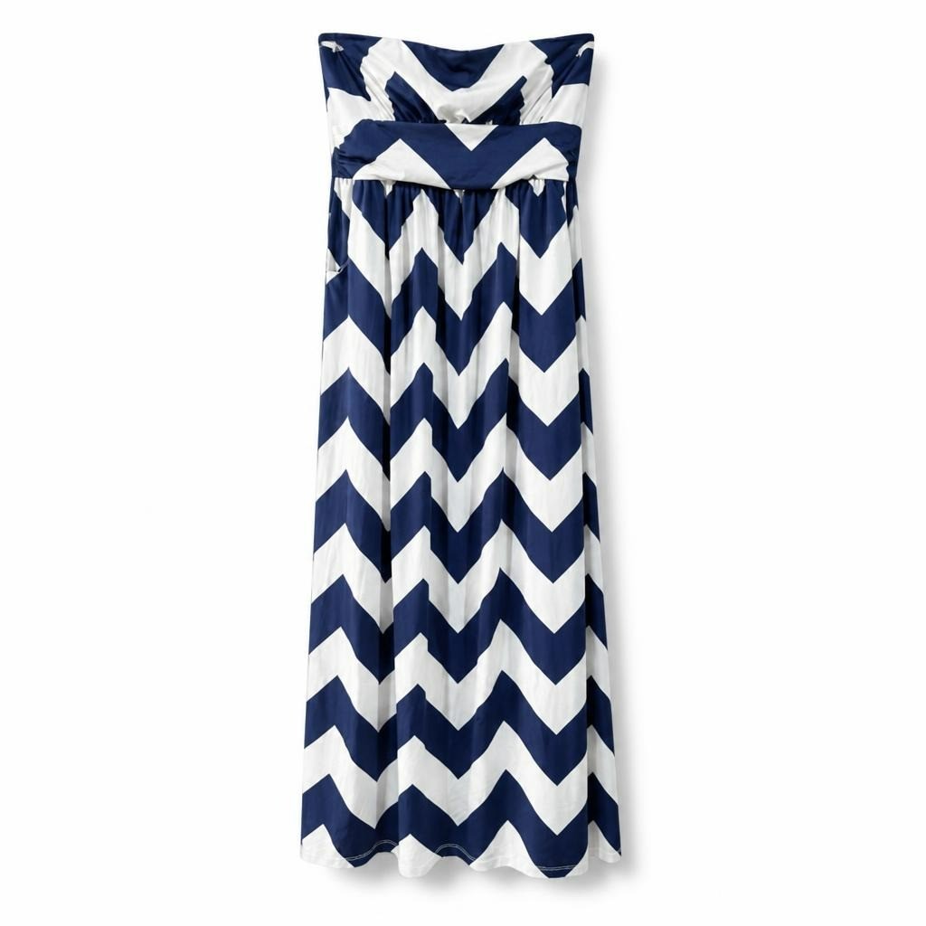 Navy & White Chevron Strapless Maxi Dress | Pre-Loved | Why Go Less