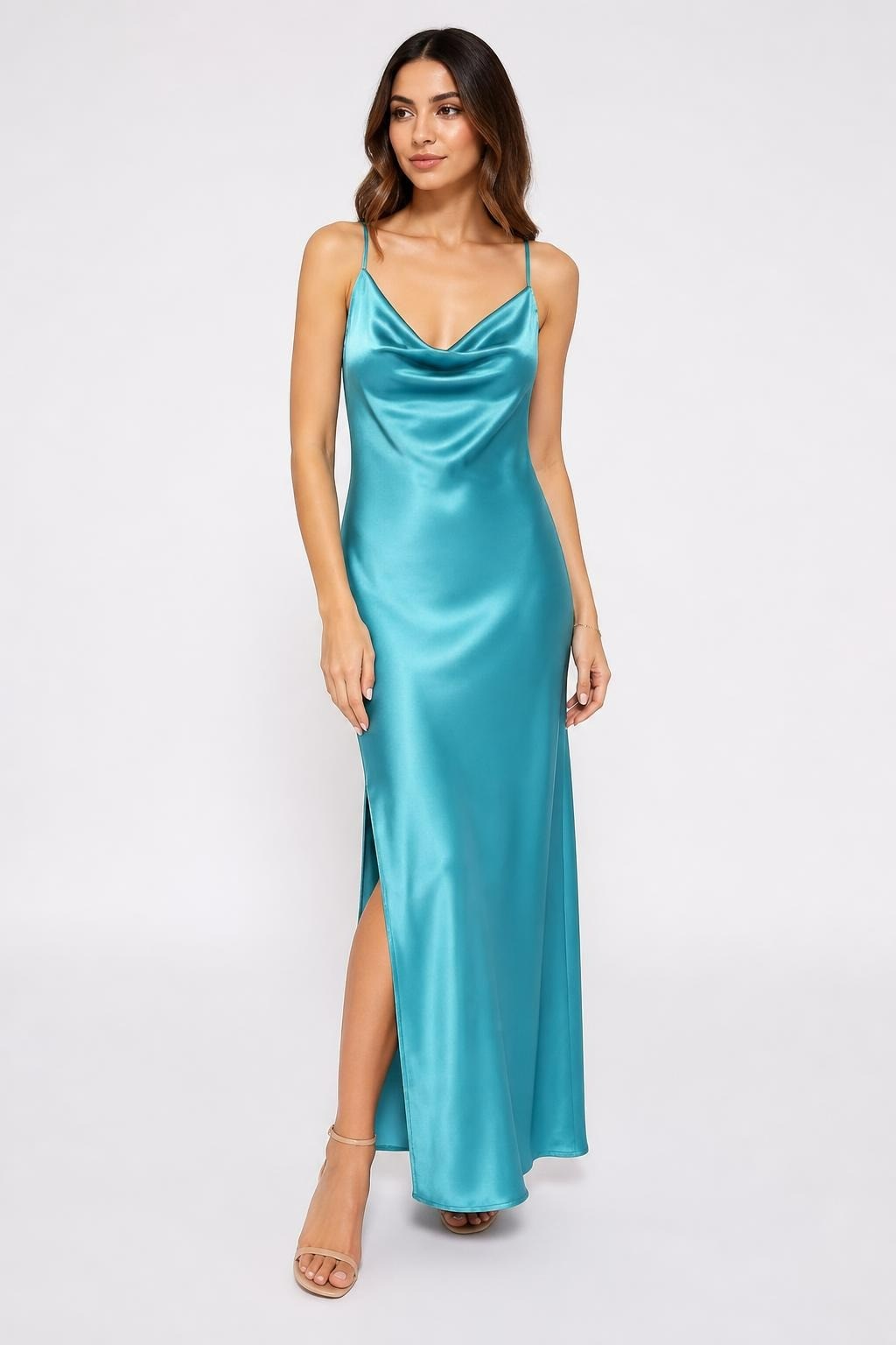 Teal Blue Satin Cowl Neck Slip Midi Dress | Pre-Loved | Why Go Less
