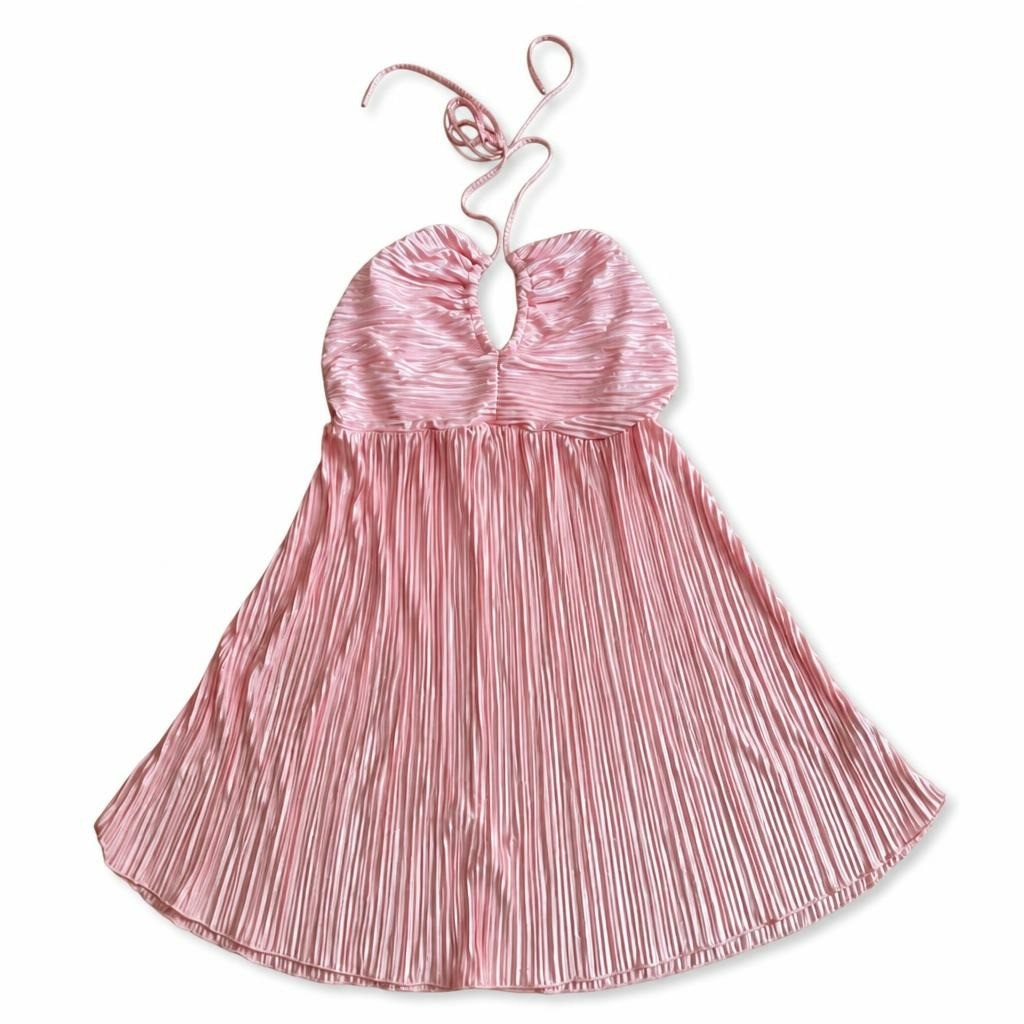 Pink pleated halter mini dress, no brand visible | Pre-Loved | Why Go Less