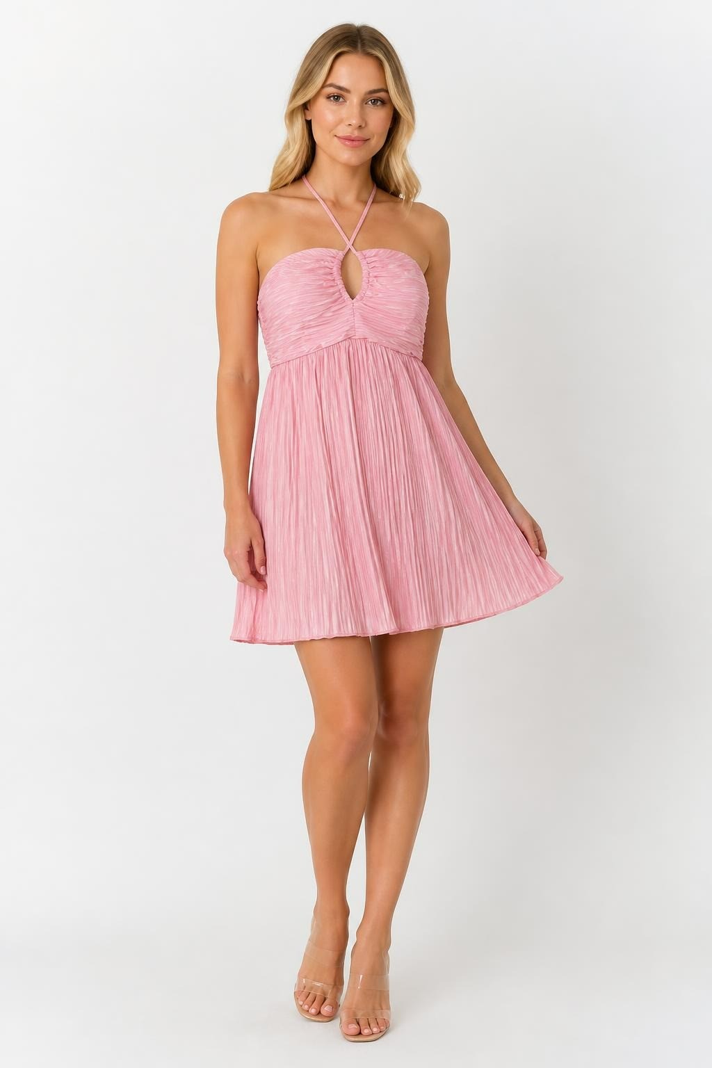 Pink pleated halter mini dress, no brand visible | Pre-Loved | Why Go Less