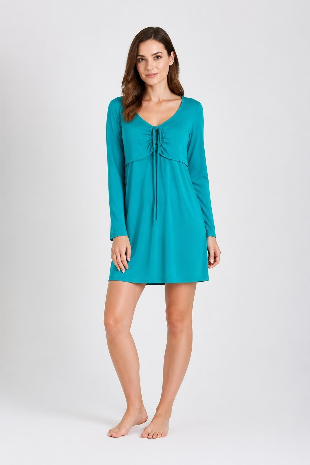 Teal green long-sleeve ruched tie-front mini dress, size L | Pre-Loved | Why Go Less