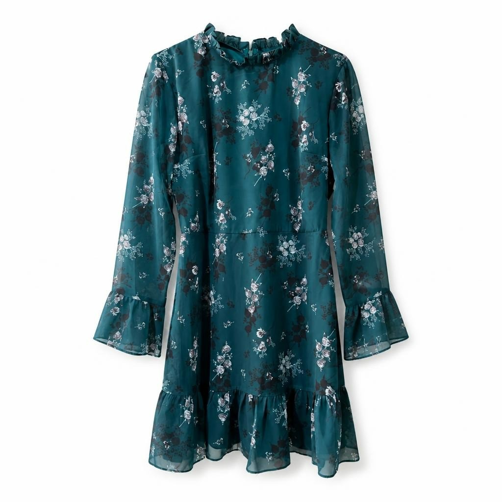 Teal floral chiffon long-sleeve mini dress | Pre-Loved | Why Go Less