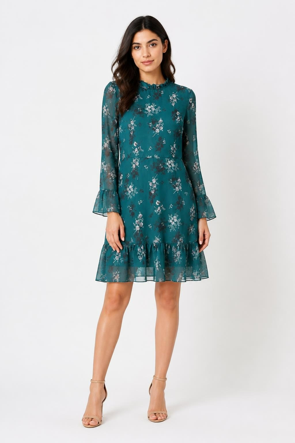 Teal floral chiffon long-sleeve mini dress | Pre-Loved | Why Go Less