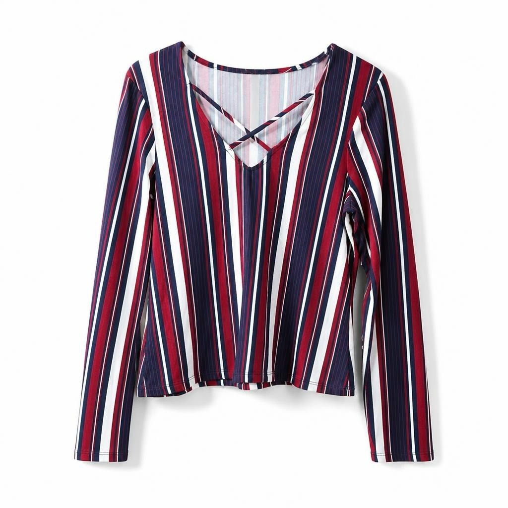 Multicolor vertical stripe V-neck long-sleeve top | Pre-Loved | Why Go Less