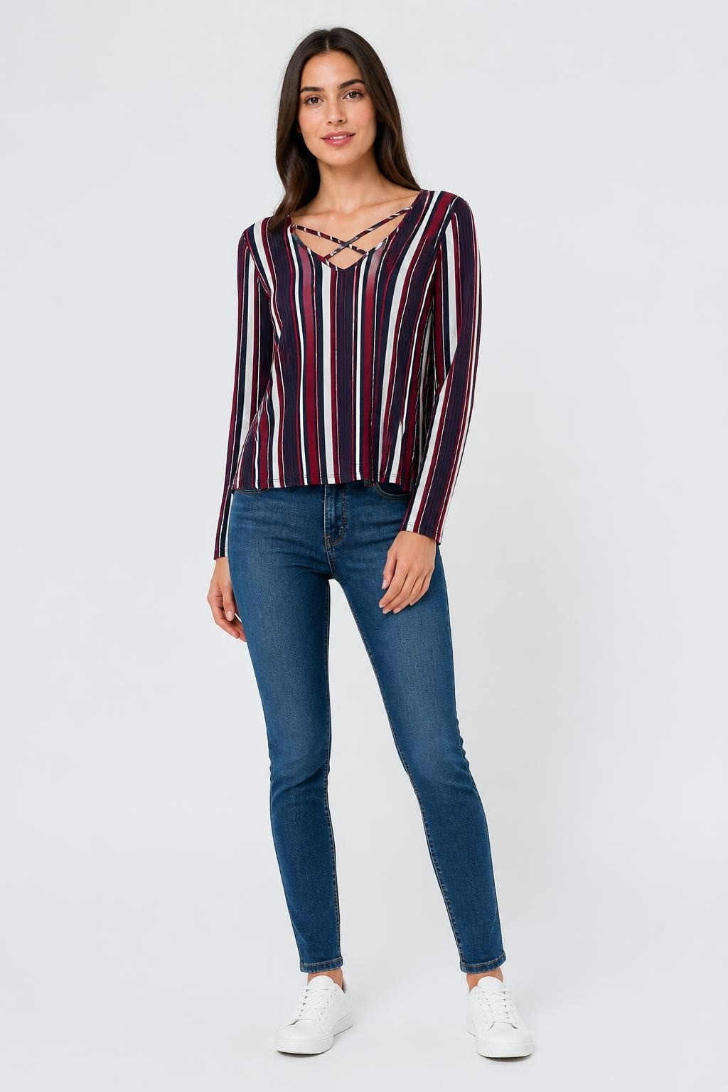 Multicolor vertical stripe V-neck long-sleeve top | Pre-Loved | Why Go Less